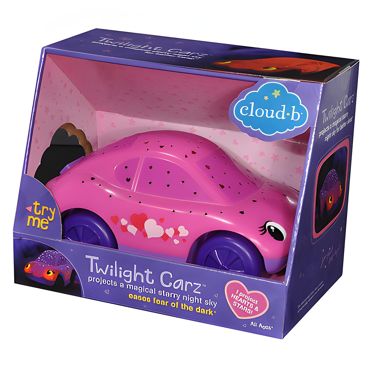 Cloud b Twilight Carz Pink Hearts, retail packaging of the pink car night light with heart pattern