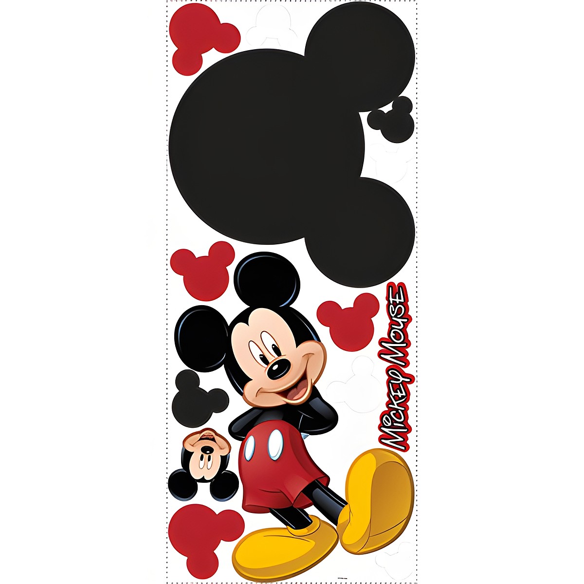 RoomMates beschreibbarer Wandsticker Disney Mickey Mouse Kreide, Klebebogen mit Micky-Silhouetten in verschiedenen Größen und Micky-Figur auf weißem Untergrund