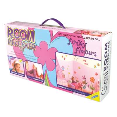 funtosee packaging room makeover kit, cardboard box printed with 64 giant stickers, flower motif in pink and blue