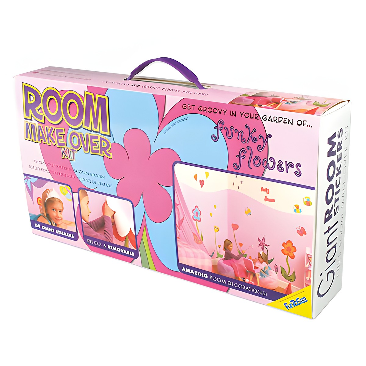 funtosee Verpackung Room Makeover Kit, Kartonbox mit Aufdruck 64 Riesensticker, Blumenmotiv in Pink und Blau