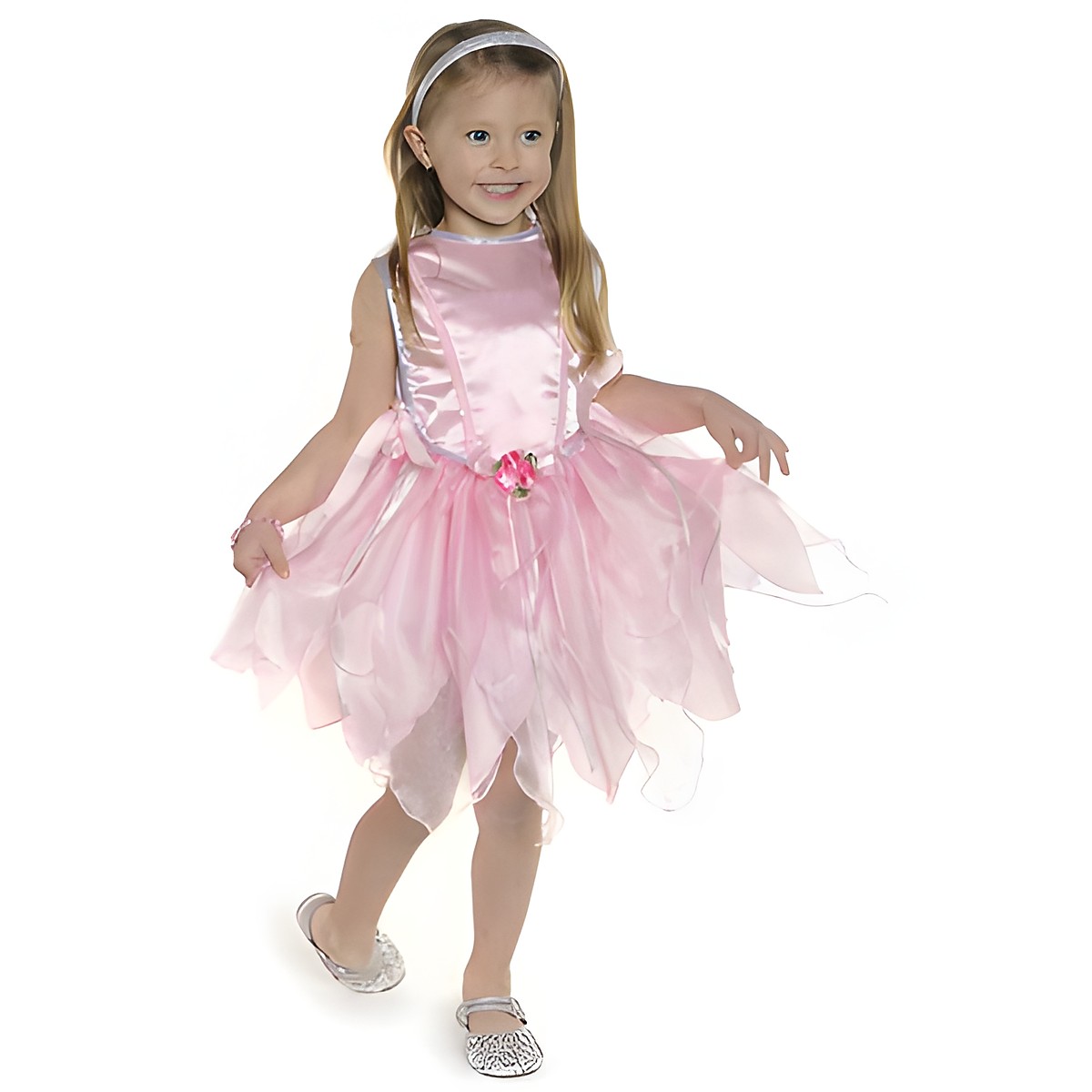 great-pretenders tunic dress princess in pink, fairy dress with a satin bodice, handkerchief hem and a silver headband, size S